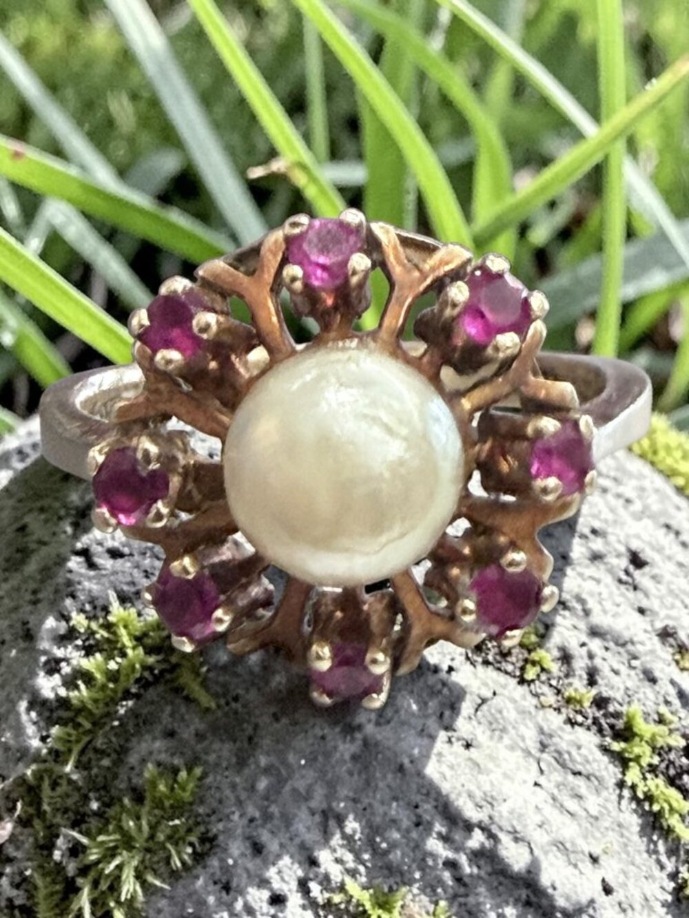 Vintage 10k Gold Pearl & Ruby Halo Statement Ring